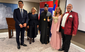 Епископ Нектарије са уметницима на представљању Експа 2027 у Лондону